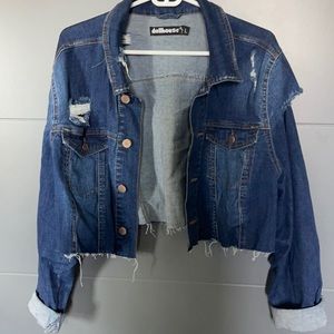 Boxy cropped distressed denim jacket